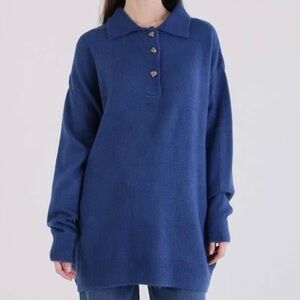 ALLDAY Petrol-Polo Collar Tricot Pullover Sweater One Size Blue Lightweight